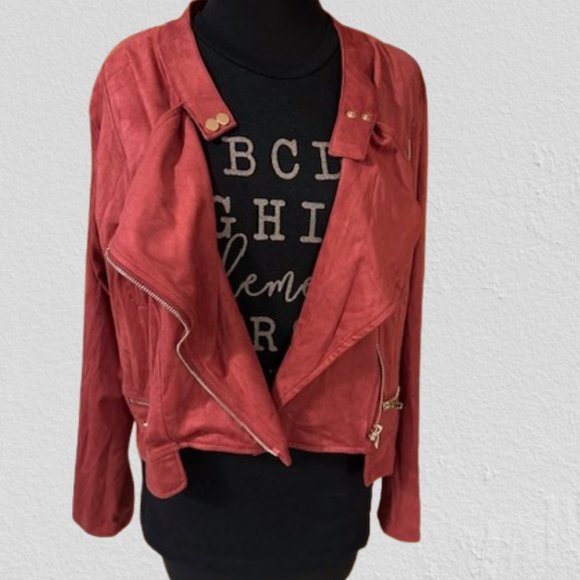 Lilian Jackets & Blazers - Burgundy Faux Suede drape front Moto Jacket
